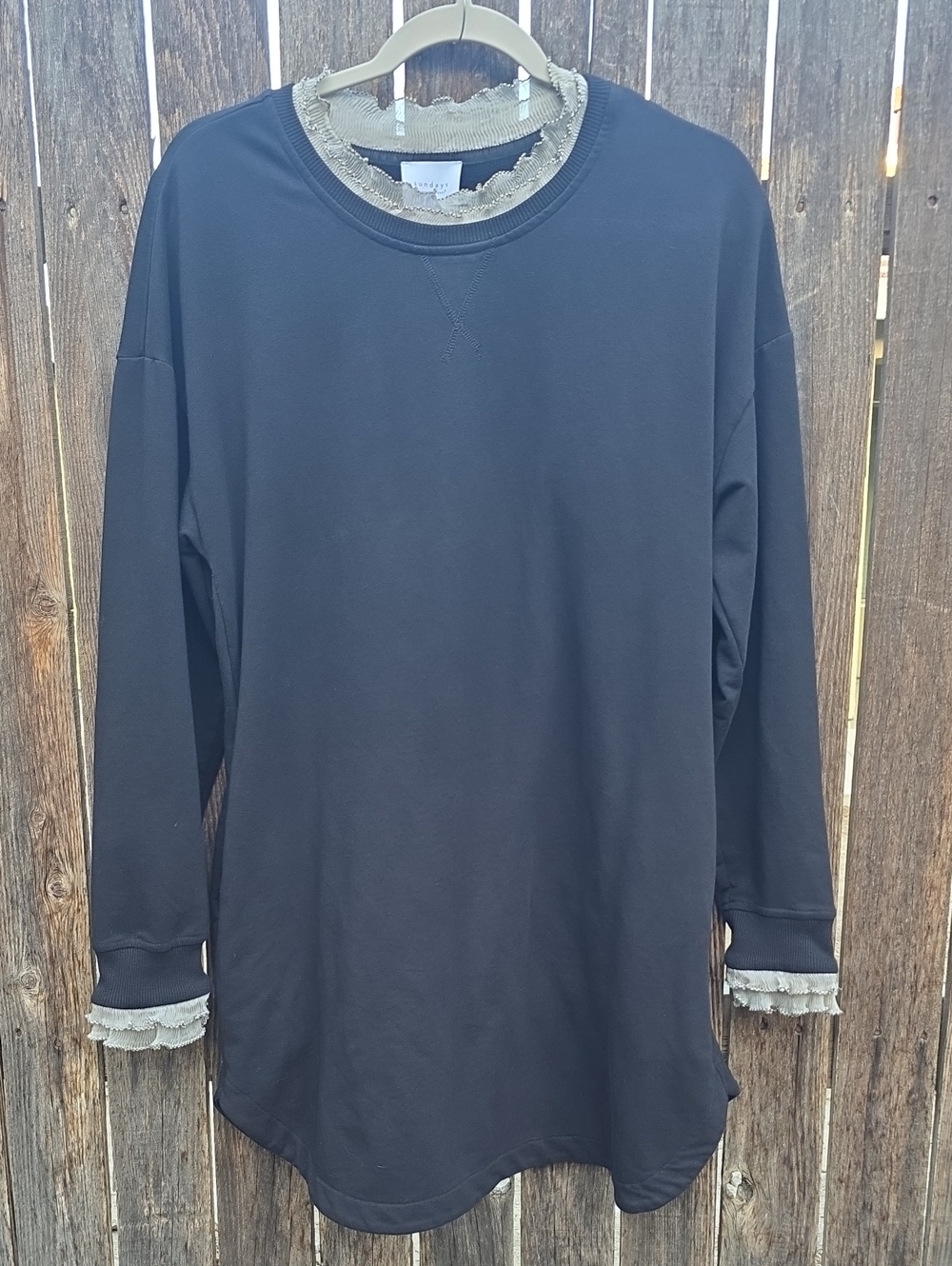 sundays by we are sundays Black Long-Sleeve Shirt Dress Cream Trim Pockets Goth